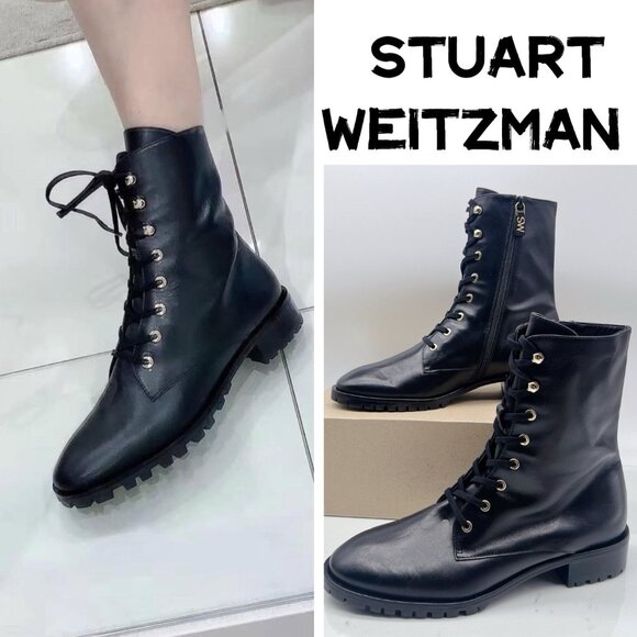 Stuart Weitzman Laine Leather Combat Lace Up Boots Black US 10 EU 40.5 NEW - Picture 1 of 13